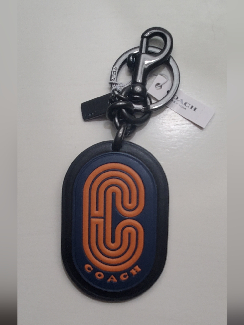 Coach Navy, Orange. & Black Leather Logo Key Fob with Gunmetal Hardware